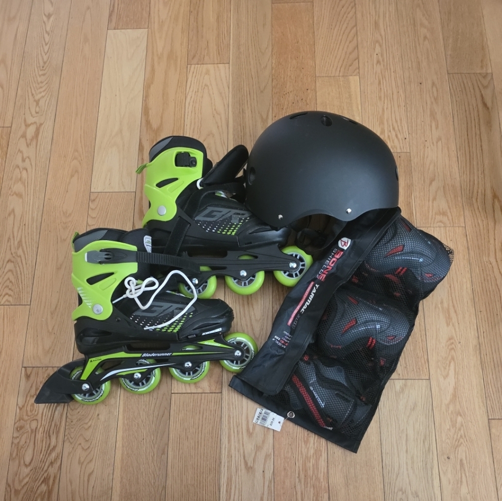 Green and Black Rollerblades with Helmet and Pads